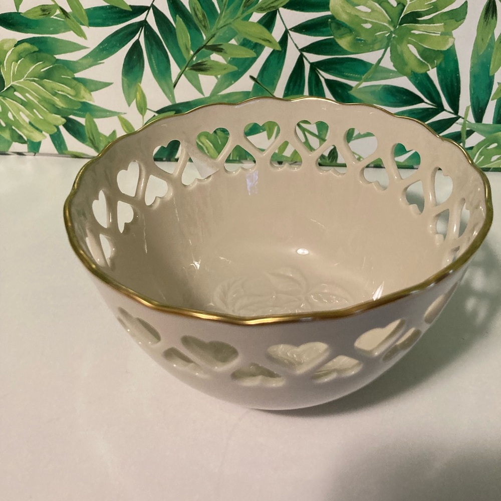 Lenox vintage nut bowl with heart cutouts and rose bottom.